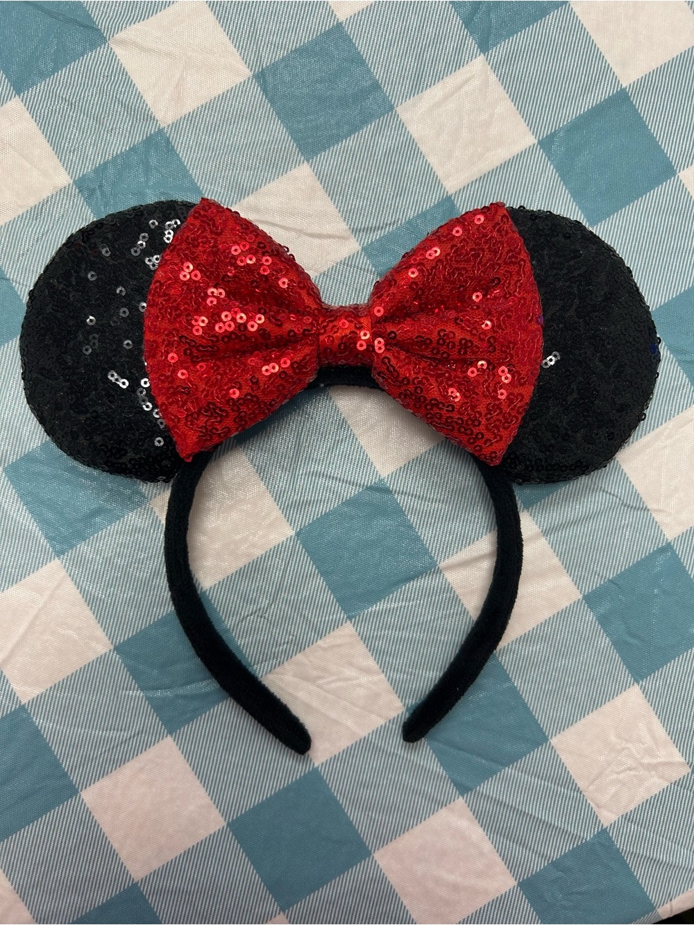 Disney Minnie Mouse Classic Black Sparkle Sequin Ears with Red Bow Headband